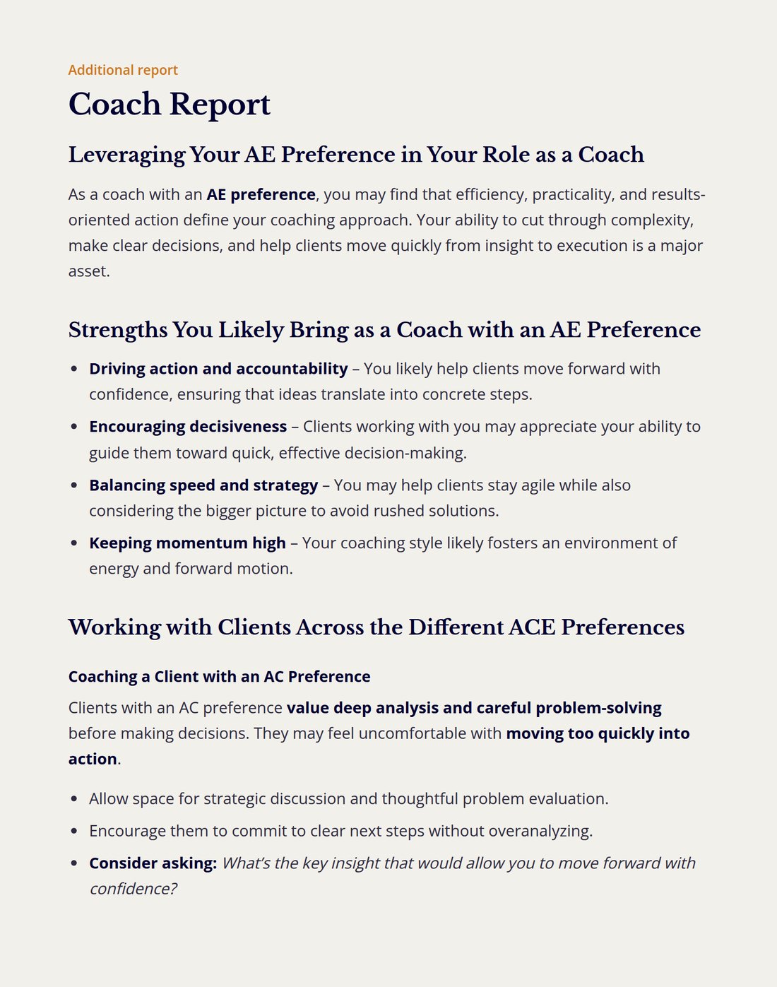 ACE Preferences add-on report page: Coach Report